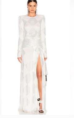 Raisavanessa White Rhinestone Embellished Long Sleeve Maxi Dress Size 40